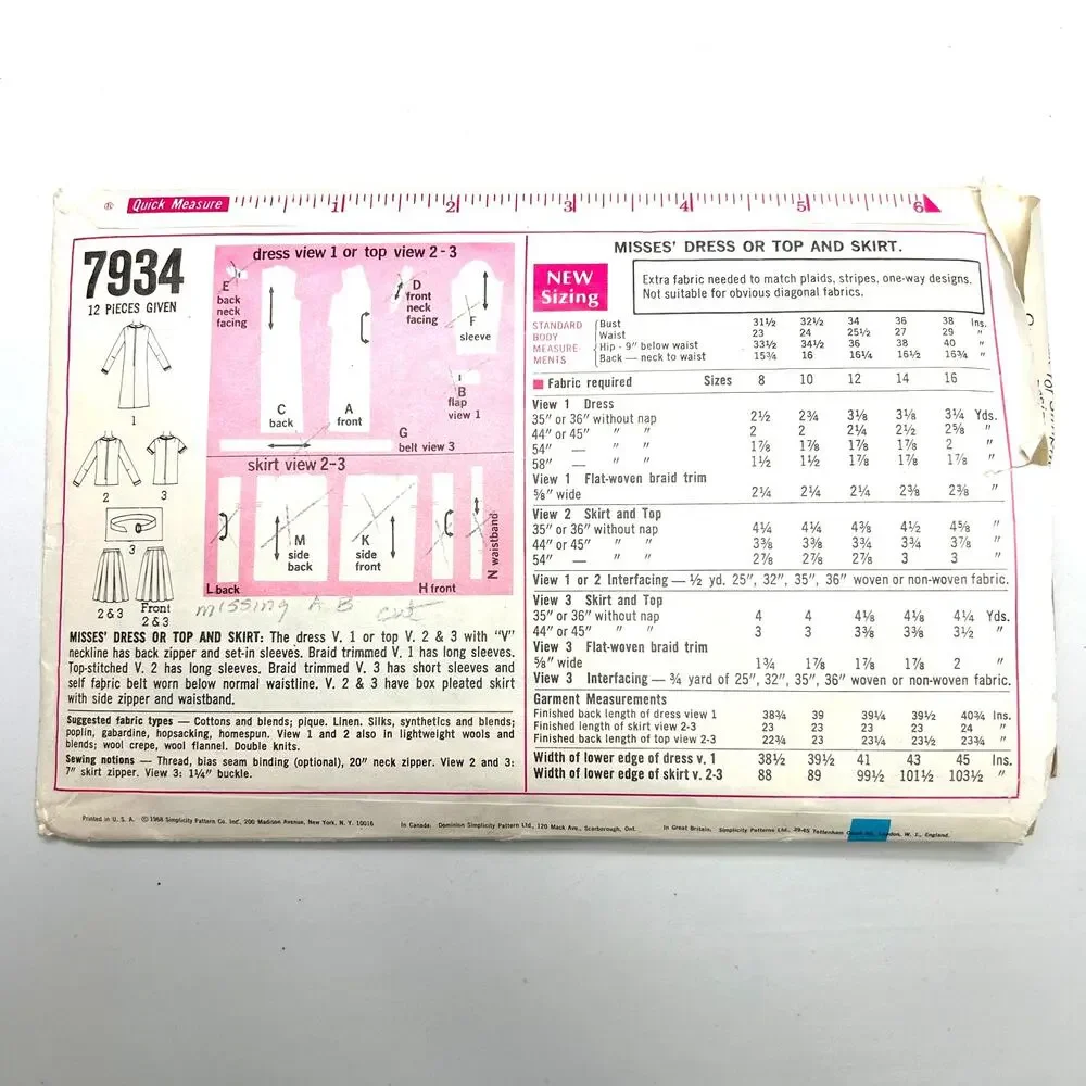 Simplicity‎ Vintage 1960's Pattern #7934 Misses Skirt Only Size 14